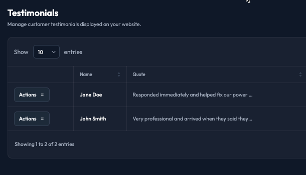 11. Testimonials Management screenshot